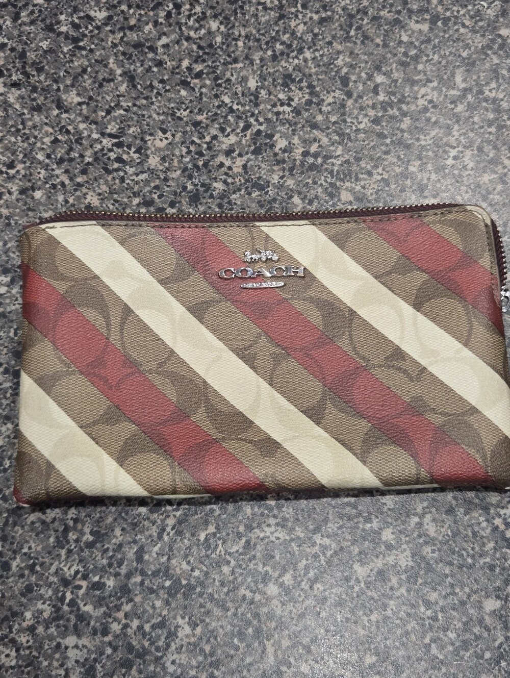 Coach Signature Stripe Zip Wallet Wristlet Brown Red Cream C1715